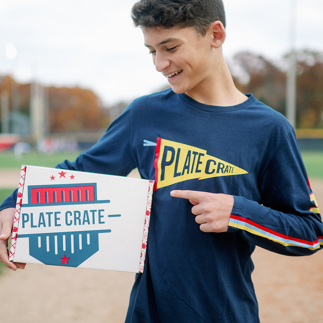 Plate Crate Baseball Subscription box, pennant tee, long sleeve tee, baseball long sleeve tshirt