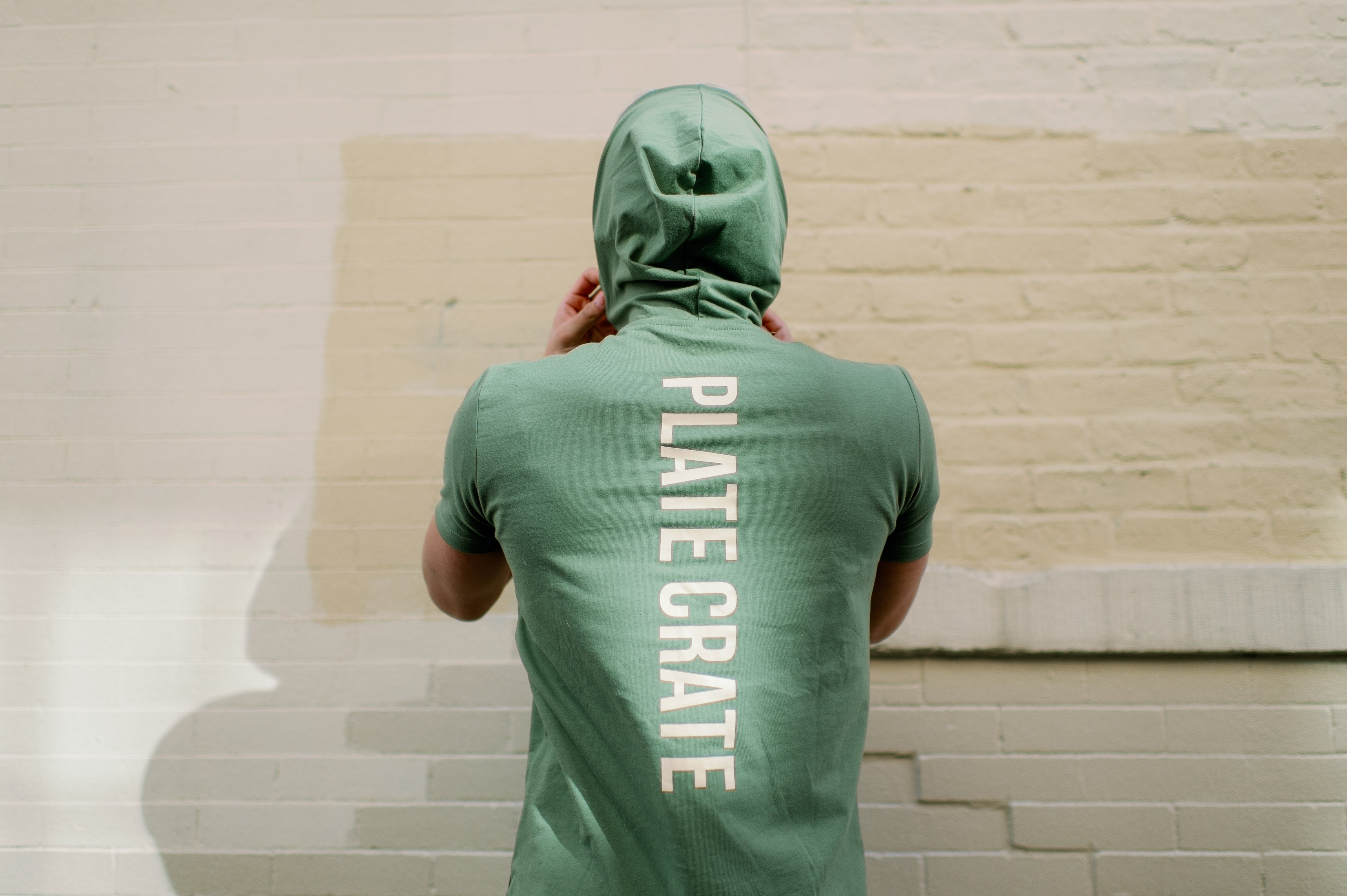 Green short sleeve hoodie with Plate Crate down spine