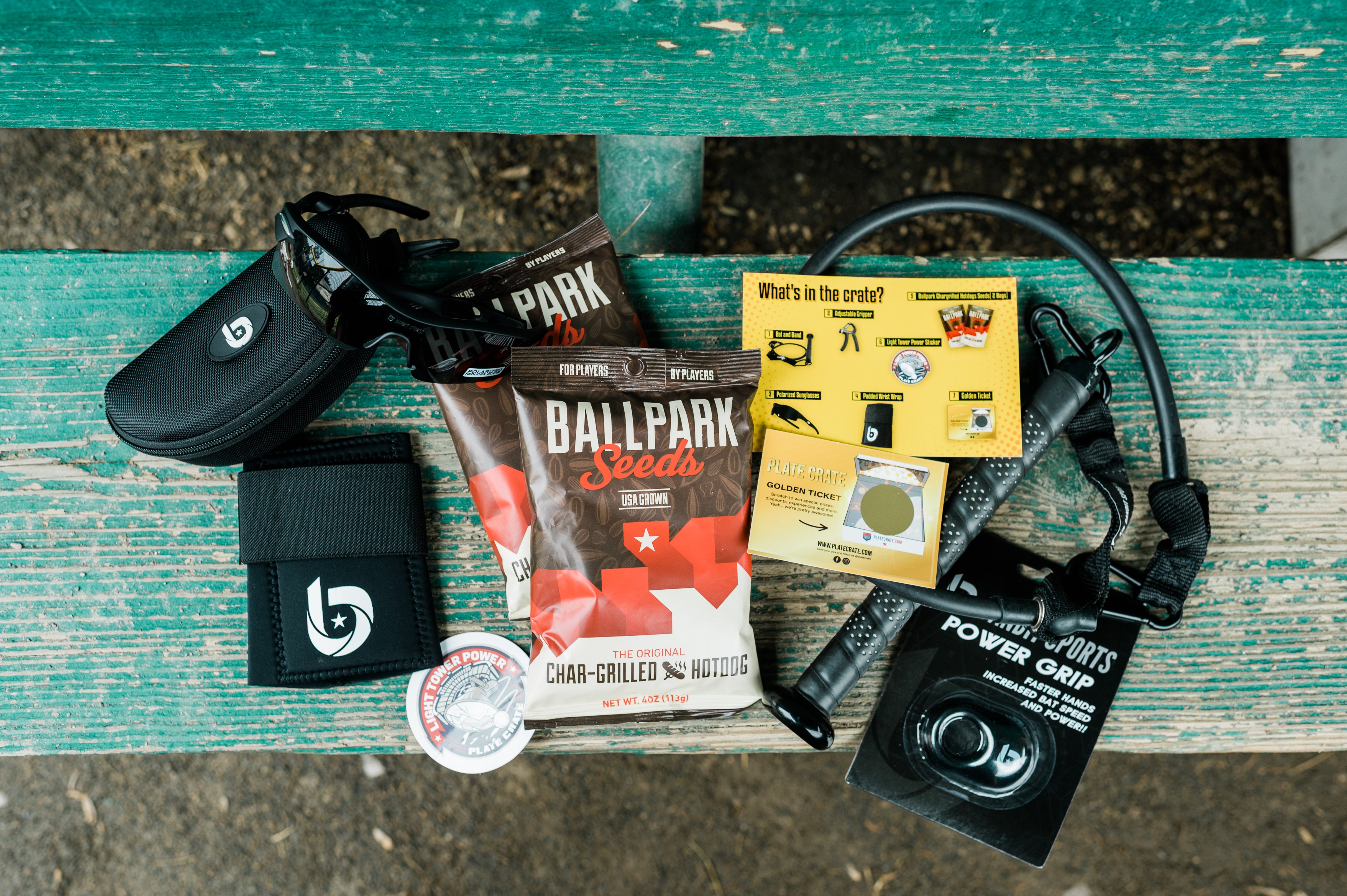 Polarized Sunglasses, Bandit Sports Wrist Wrap, Char-Grilled Hotdog Seeds, Bat and Band, Bandit Sports Power Grip