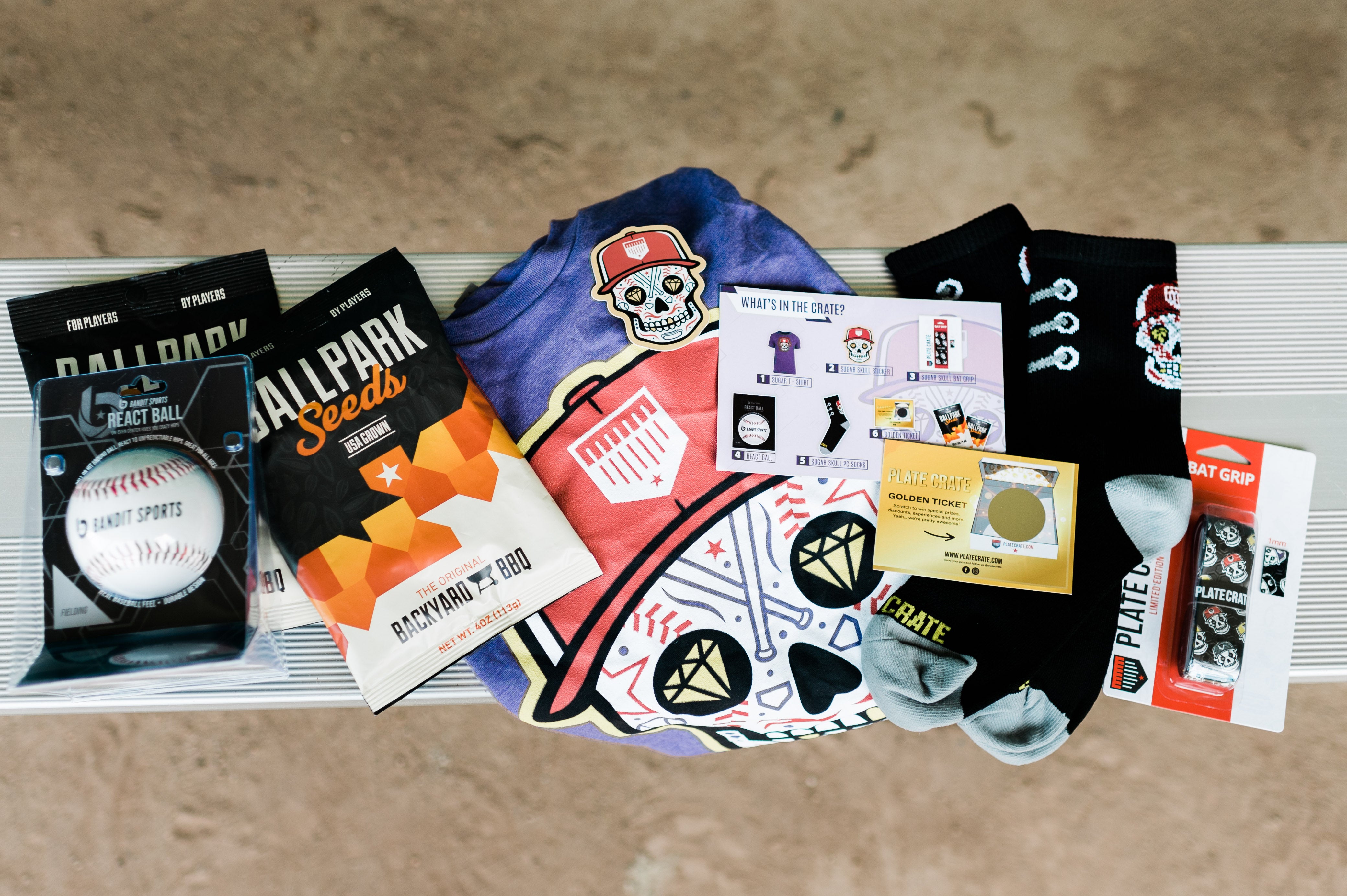 React Ball, BBQ Ballpark Seeds, Sugar Skull T-Shirt, Postcard, Golden Ticket, Sugar Skull Socks, Sugar Skull Bat Grip